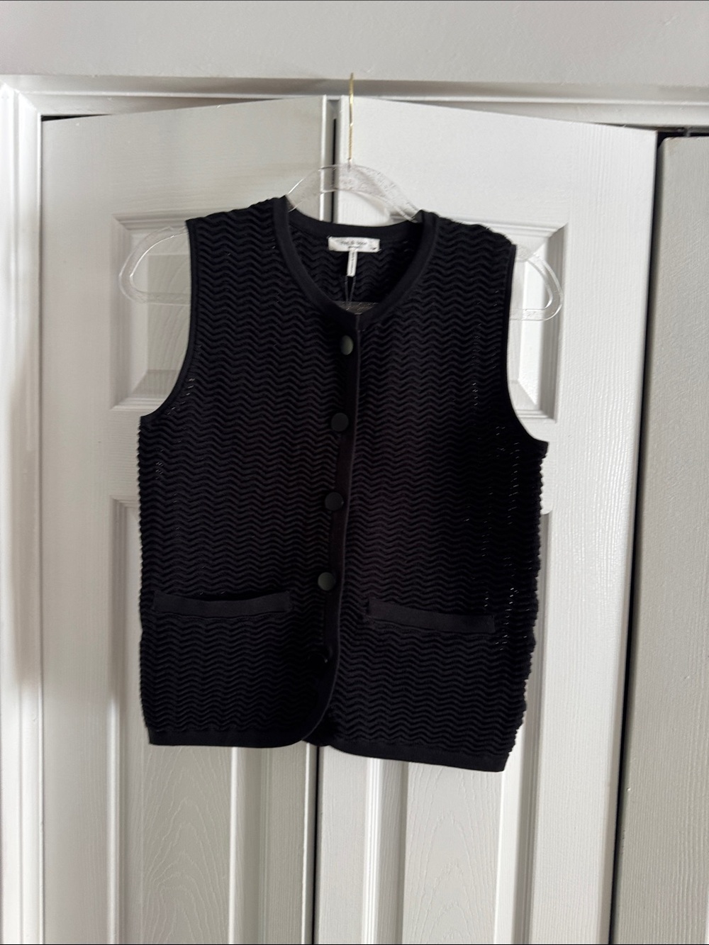 rag & bone Navy Wave-Knit Sleeveless Button Vest